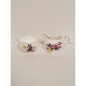 Royal Vale Creamer + Sugar Bowl Bone China Floral Pnk Yellow Roses Gold Trim Vtg